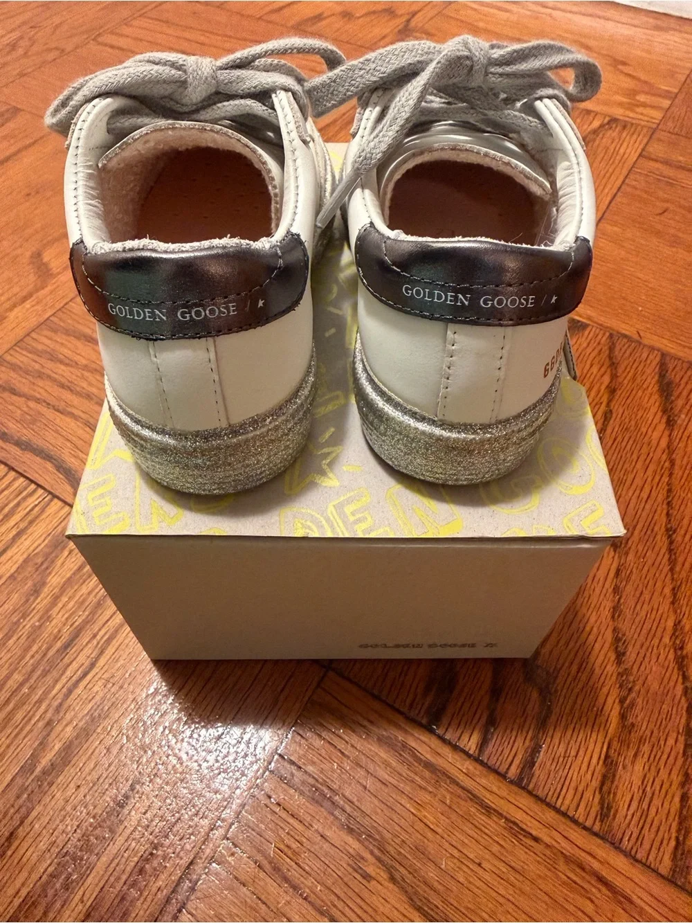 New - Golden Goose Kids White Sneakers with Silver Glitter Trim